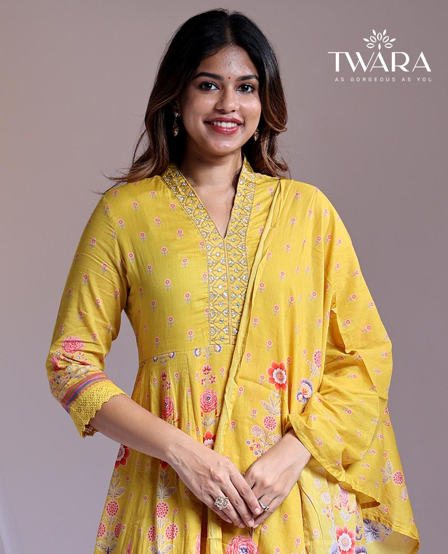 Twara Yellow readymade suit,floral print & embroidery 3/4th sleeve v-neck chanderi top, plain pants,floral print dupatta