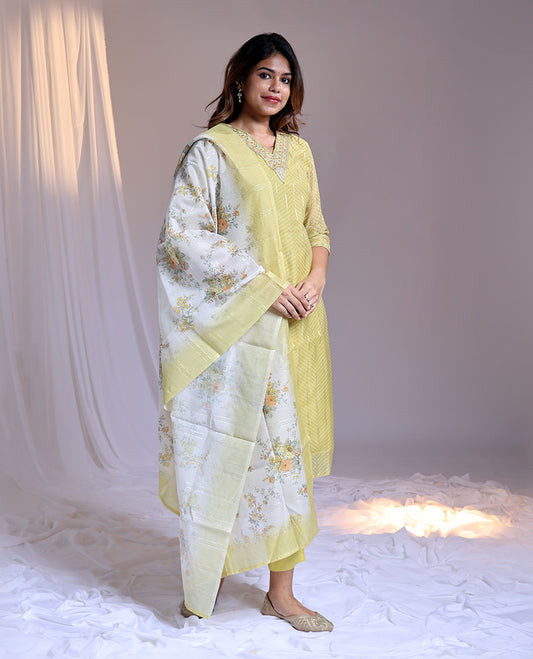 Green readymade suit, embroidery 3/4th sleeve V-neck chanderi top, plain pants & floral printed dupatta