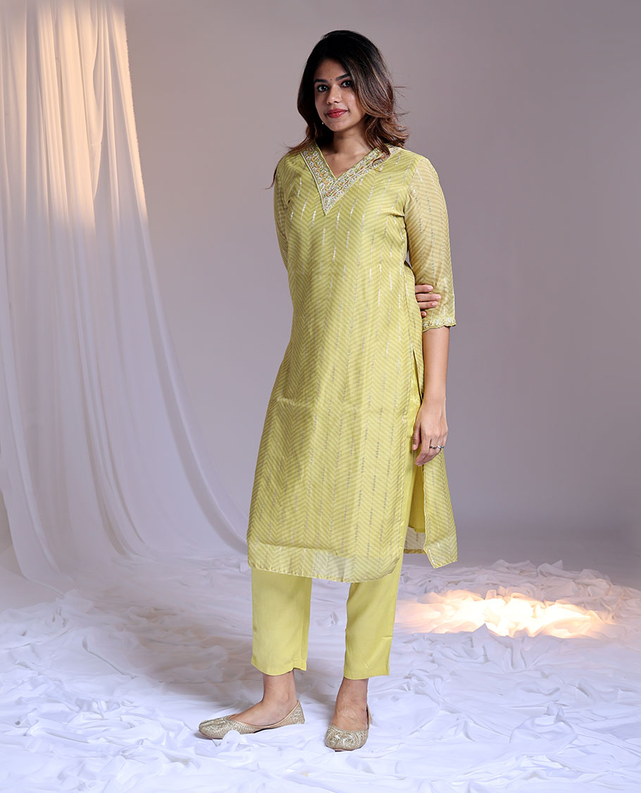Green readymade suit, embroidery 3/4th sleeve V-neck chanderi top, plain pants & floral printed dupatta