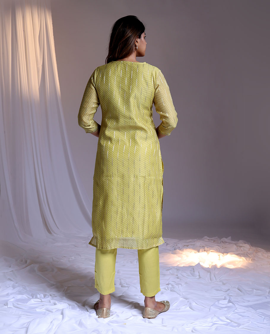 Green readymade suit, embroidery 3/4th sleeve V-neck chanderi top, plain pants & floral printed dupatta
