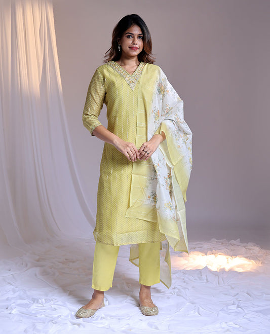 Green readymade suit, embroidery 3/4th sleeve V-neck chanderi top, plain pants & floral printed dupatta