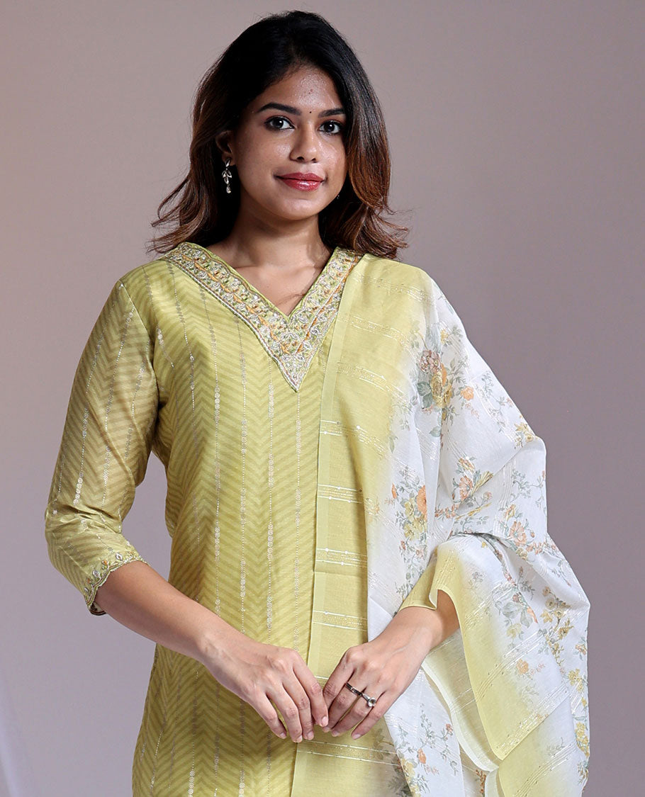 Green readymade suit, embroidery 3/4th sleeve V-neck chanderi top, plain pants & floral printed dupatta