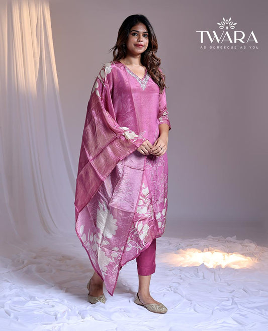 Twara Pink readymade suit,floral print & embroidery 3/4th sleeve v-neck tissue top, plain pants & floral printed dupatta