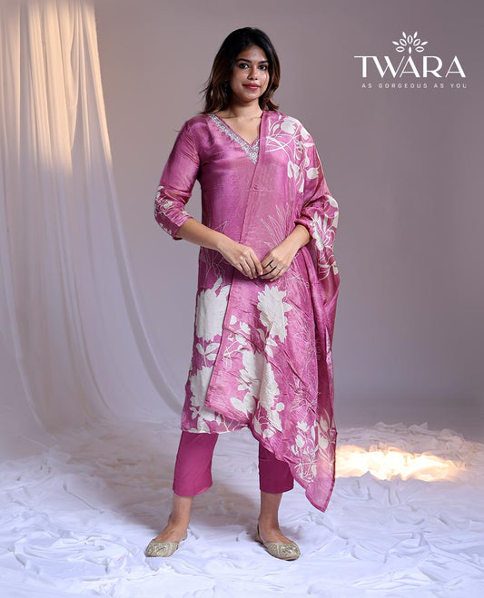 Twara Pink readymade suit,floral print & embroidery 3/4th sleeve v-neck tissue top, plain pants & floral printed dupatta