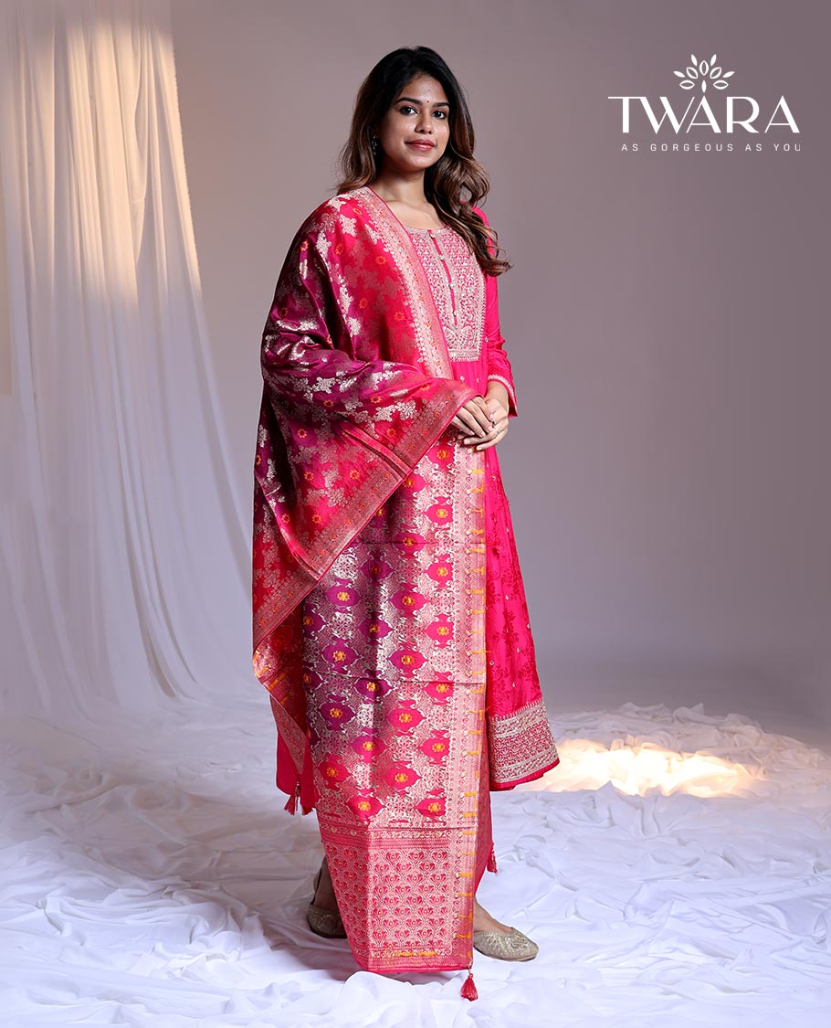 Twara Pink readymade suit, embroidery 3/4th sleeve round-neck chanderi top, plain pants & floral jacquard dupatta
