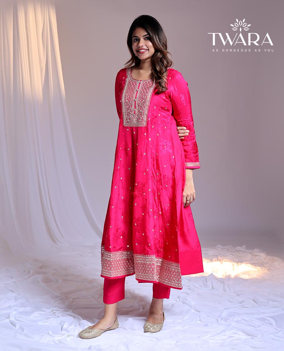 Twara Pink readymade suit, embroidery 3/4th sleeve round-neck chanderi top, plain pants & floral jacquard dupatta