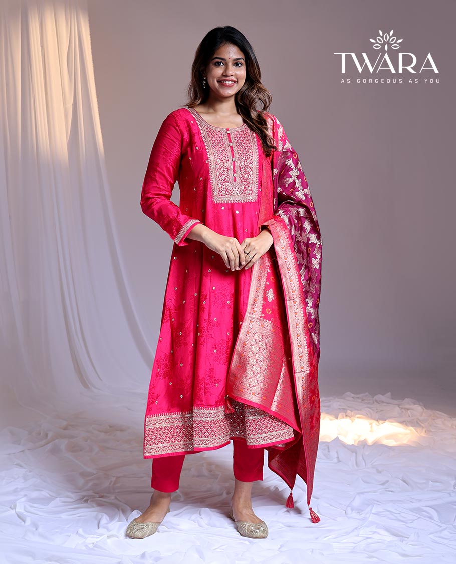 Twara Pink readymade suit, embroidery 3/4th sleeve round-neck chanderi top, plain pants & floral jacquard dupatta