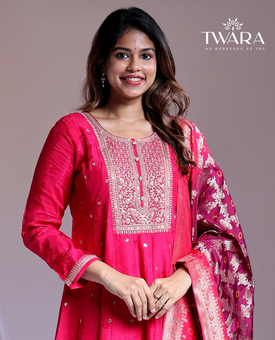 Twara Pink readymade suit, embroidery 3/4th sleeve round-neck chanderi top, plain pants & floral jacquard dupatta