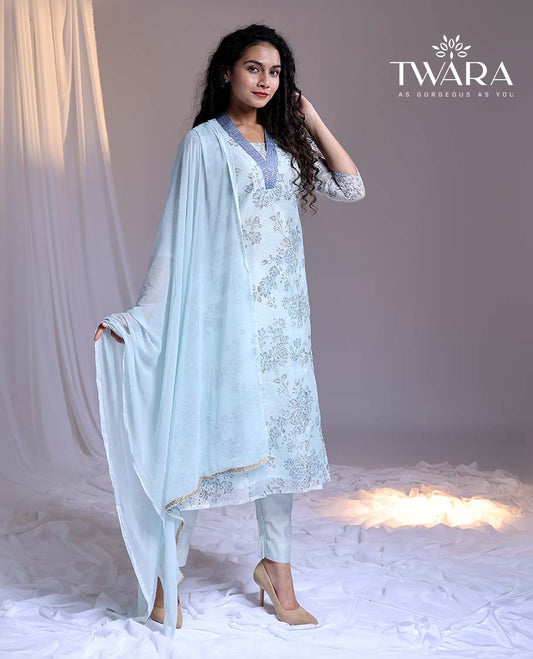 Twara Blue readymade suit,floral vine printed & V-neck embroidery straight-cut kota cotton top,solid pants & dupatta