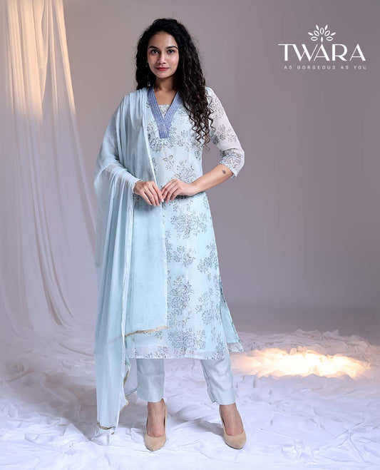 Twara Blue readymade suit,floral vine printed & V-neck embroidery straight-cut kota cotton top,solid pants & dupatta