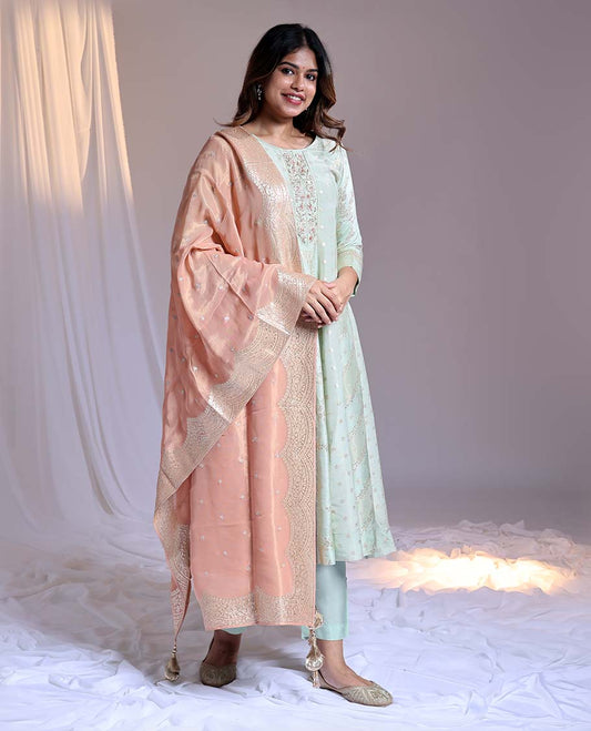 Green readymade suit,buttas & embroidery round-neck 3/4th-sleeve Chanderi top,plain pant & contrast intricate dupatta