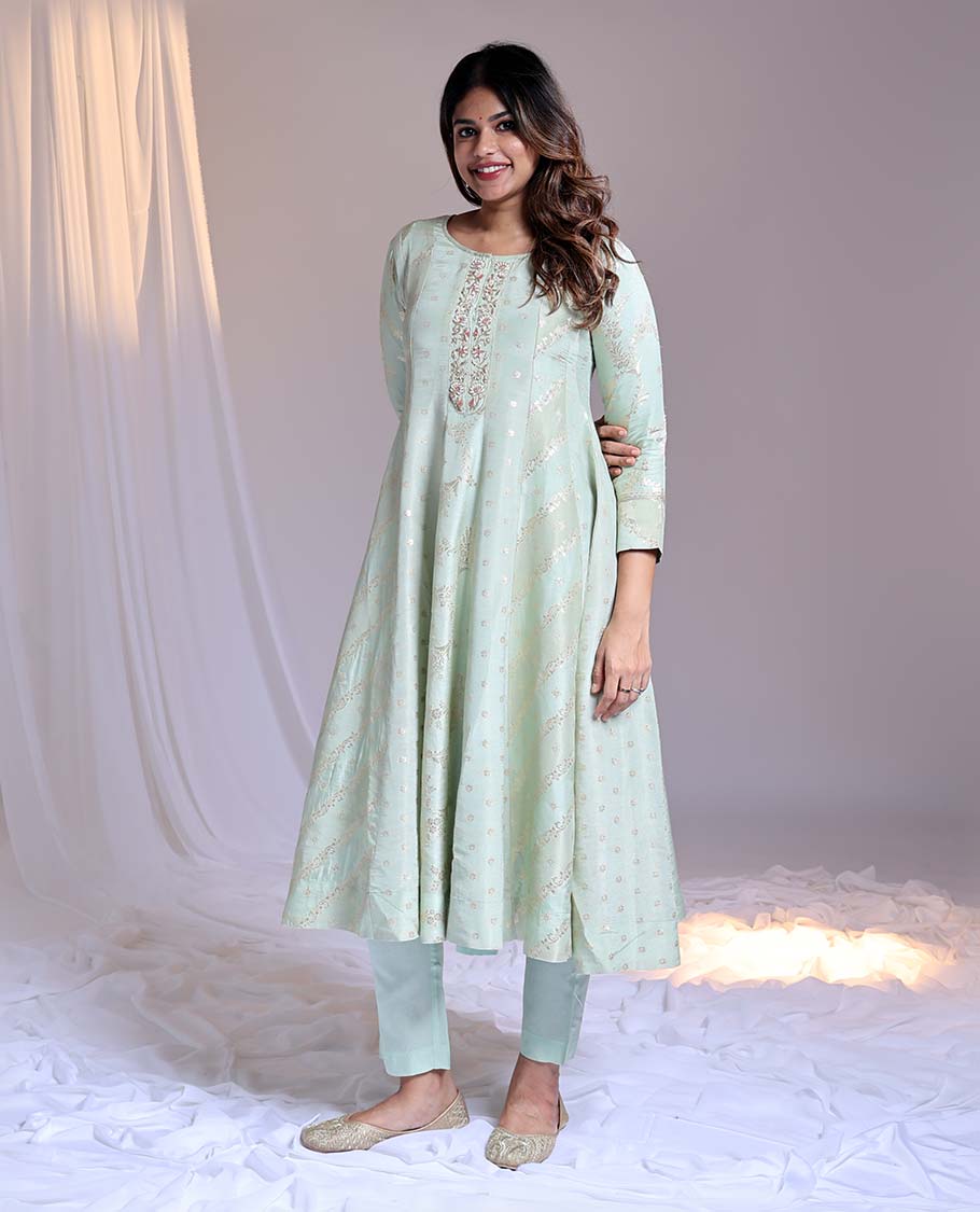Green readymade suit,buttas & embroidery round-neck 3/4th-sleeve Chanderi top,plain pant & contrast intricate dupatta