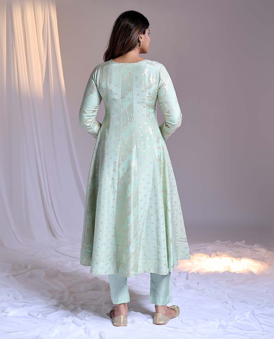 Green readymade suit,buttas & embroidery round-neck 3/4th-sleeve Chanderi top,plain pant & contrast intricate dupatta