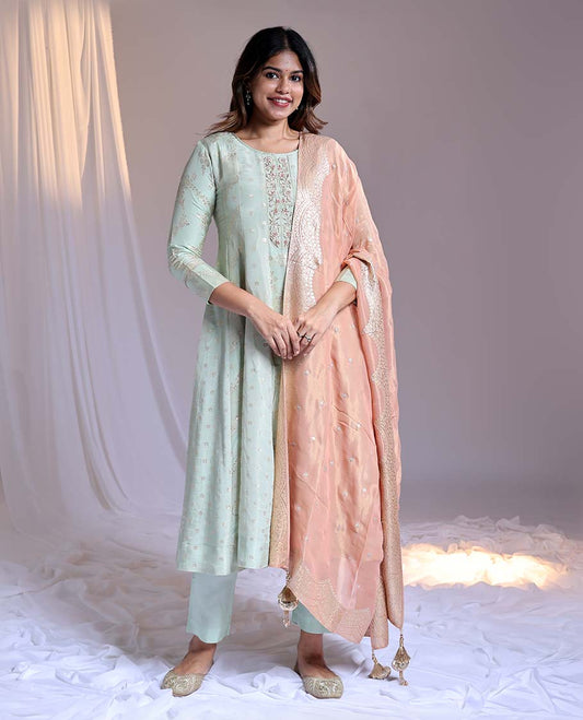Green readymade suit,buttas & embroidery round-neck 3/4th-sleeve Chanderi top,plain pant & contrast intricate dupatta