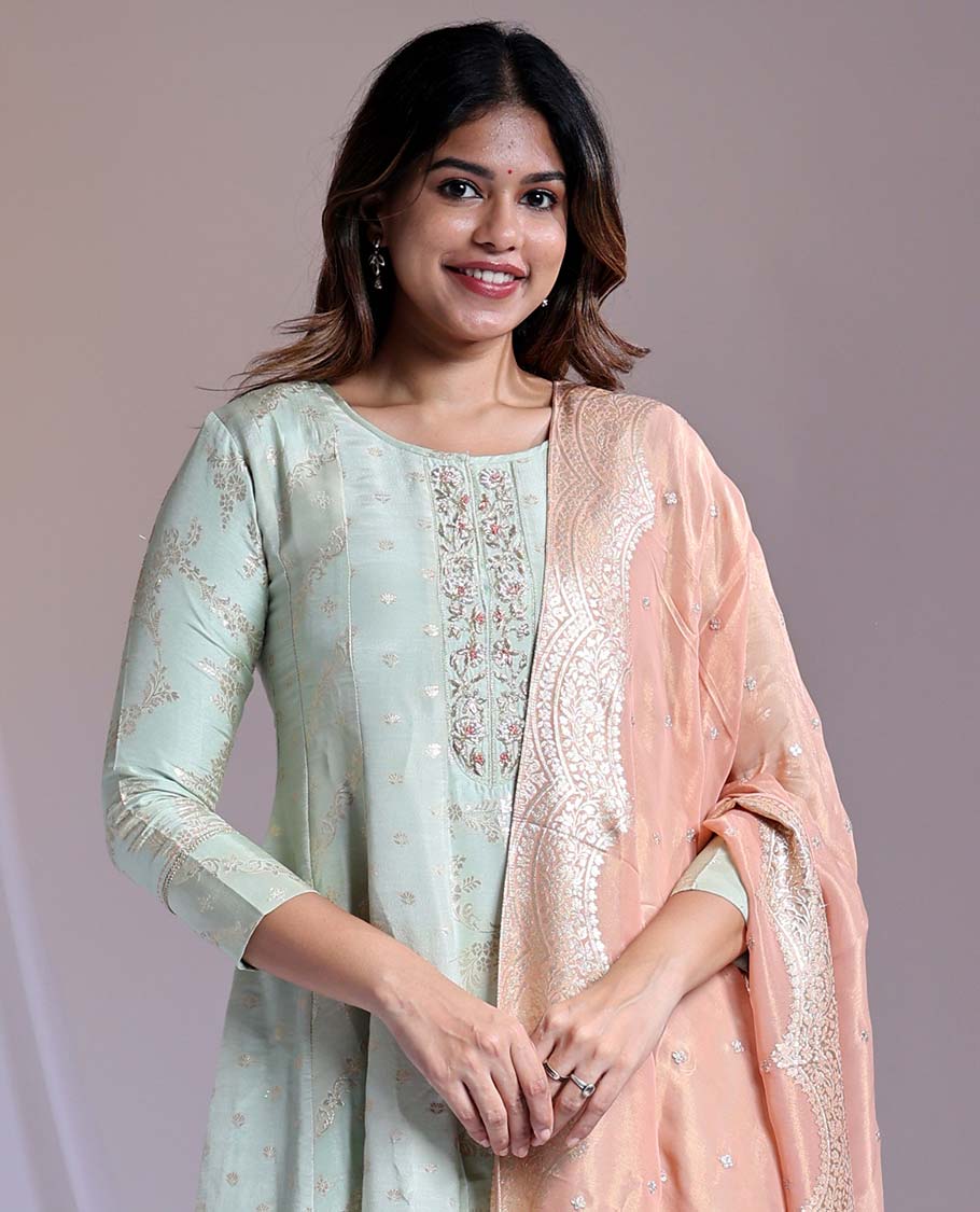 Green readymade suit,buttas & embroidery round-neck 3/4th-sleeve Chanderi top,plain pant & contrast intricate dupatta