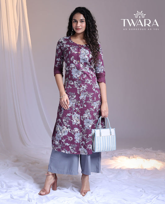 Twara purple floral printed 3/4th sleeve round-neck below-knee kurti
