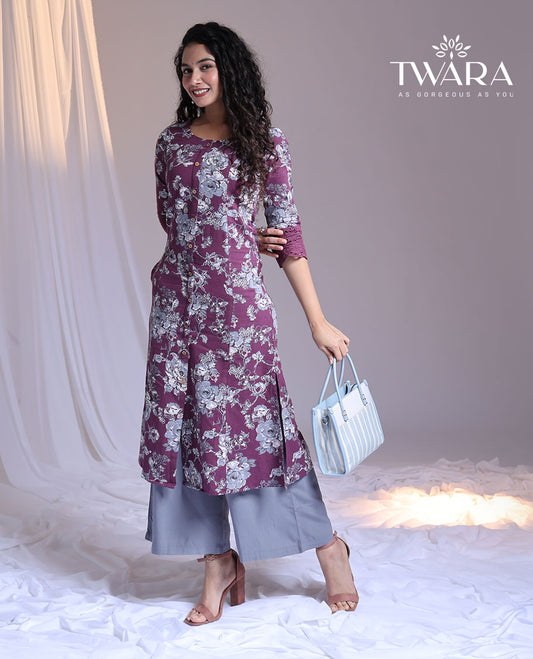 Twara purple floral printed 3/4th sleeve round-neck below-knee kurti
