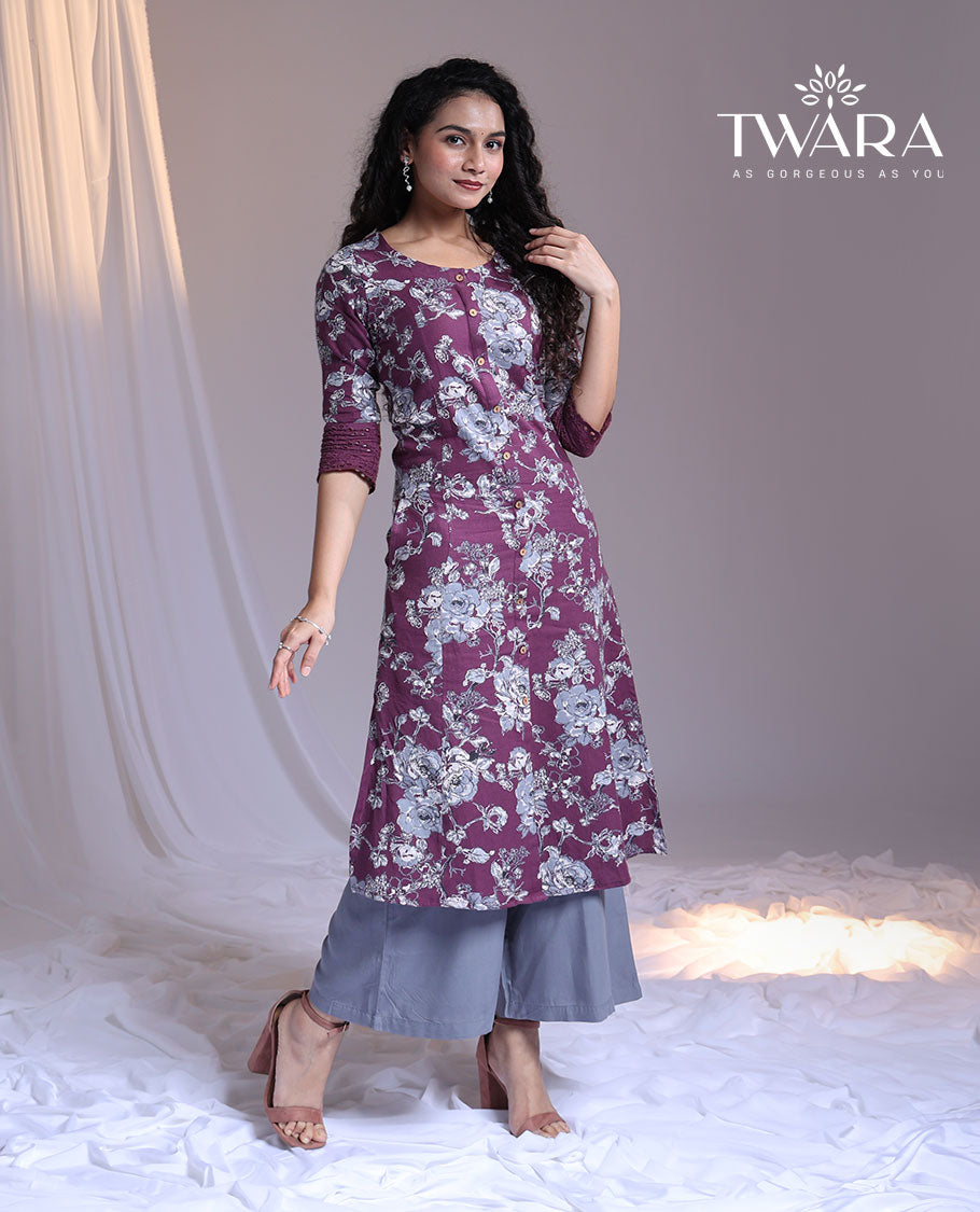 Twara purple floral printed 3/4th sleeve round-neck below-knee kurti