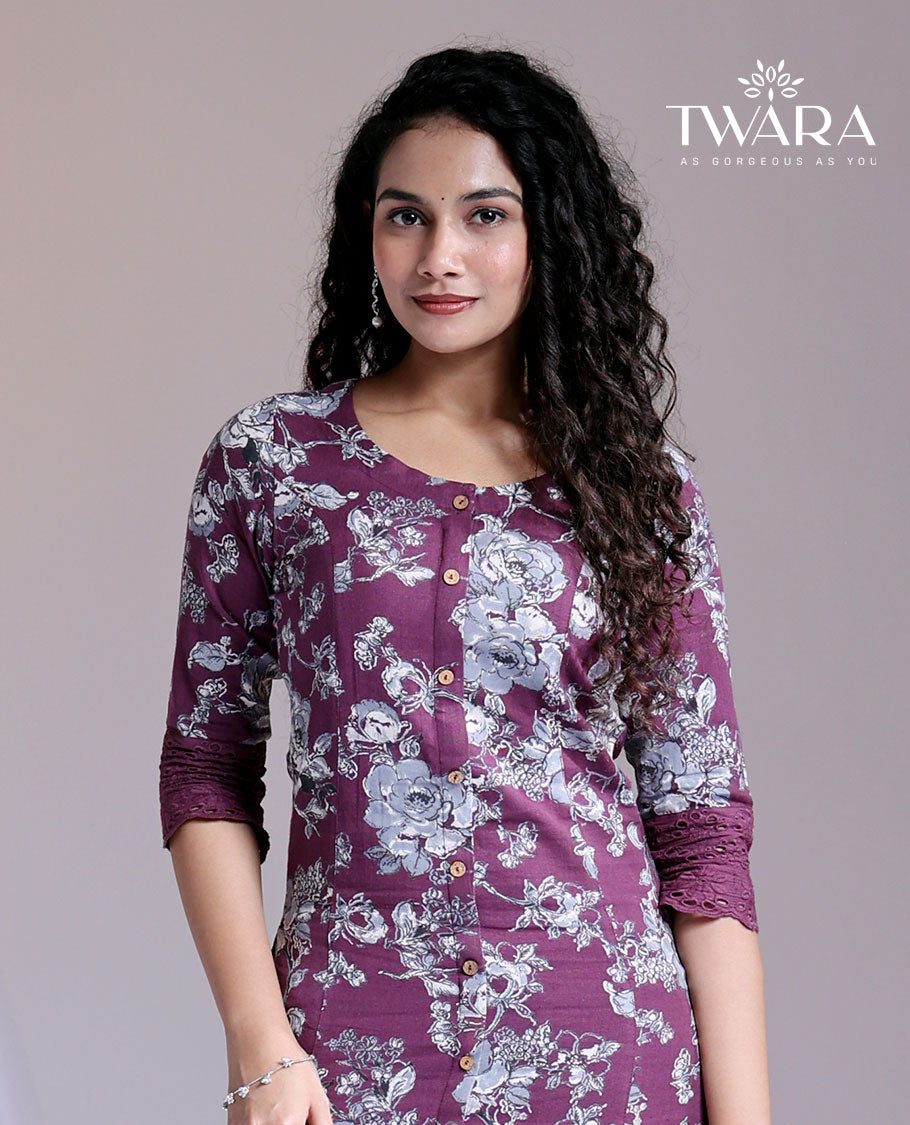 Twara purple floral printed 3/4th sleeve round-neck below-knee kurti