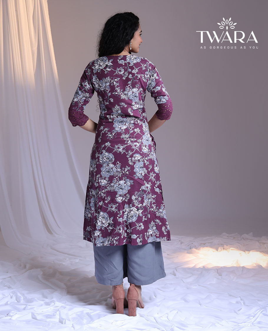 Twara purple floral printed 3/4th sleeve round-neck below-knee kurti
