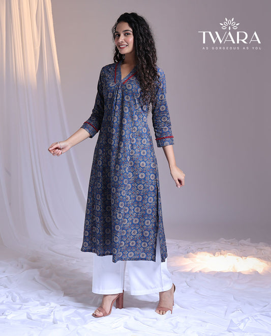 Twara blue floral printed v-neck 3/4th-sleeve below-knee straight-cut kurti