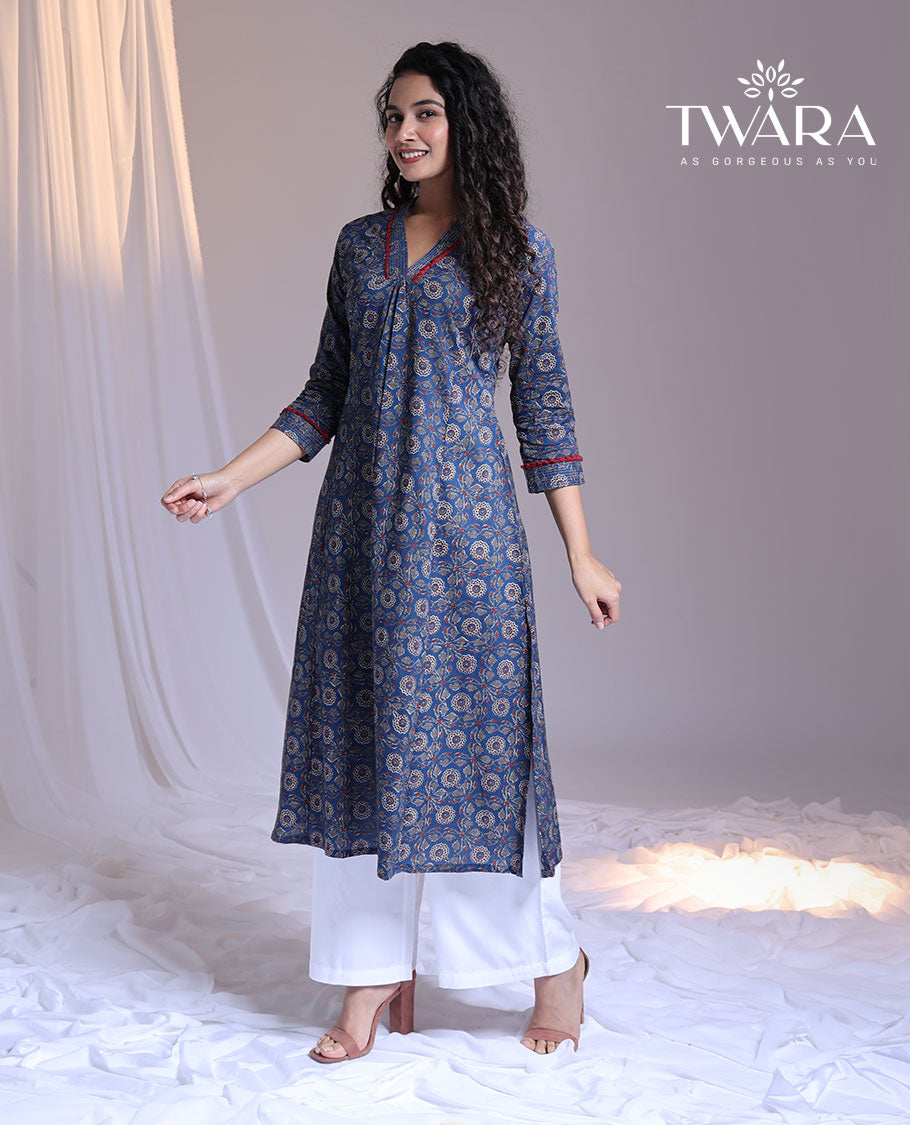 Twara blue floral printed v-neck 3/4th-sleeve below-knee straight-cut kurti