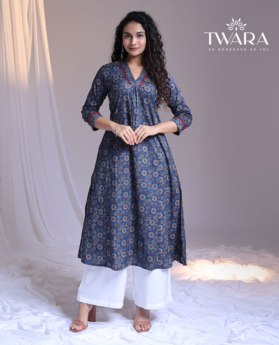 Twara blue floral printed v-neck 3/4th-sleeve below-knee straight-cut kurti