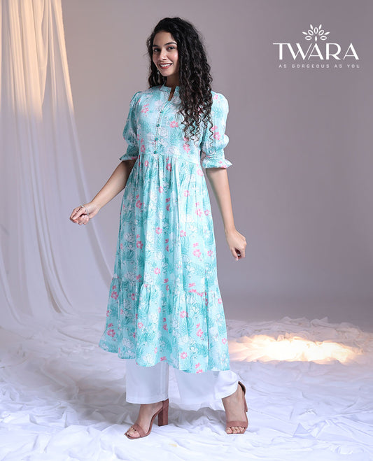 Twara blue floral printed chinese collar elbow-sleeve below-knee a-line kurti