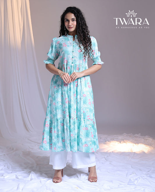 Twara blue floral printed chinese collar elbow-sleeve below-knee a-line kurti