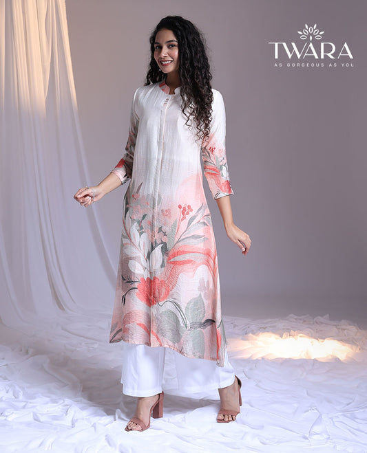 Twara multi-color floral printed Chinese collar 3/4th-sleeve below-knee kurti
