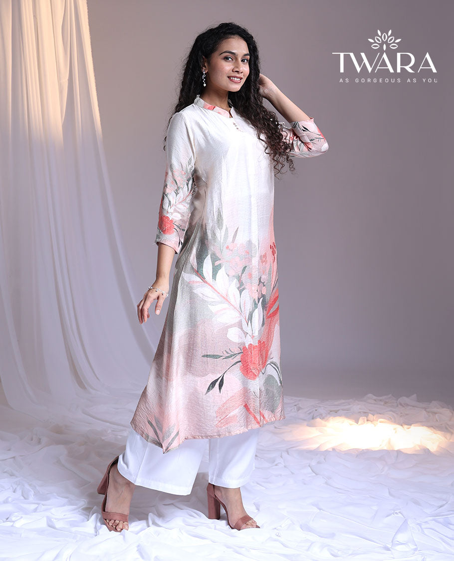 Twara multi-color floral printed Chinese collar 3/4th-sleeve below-knee kurti