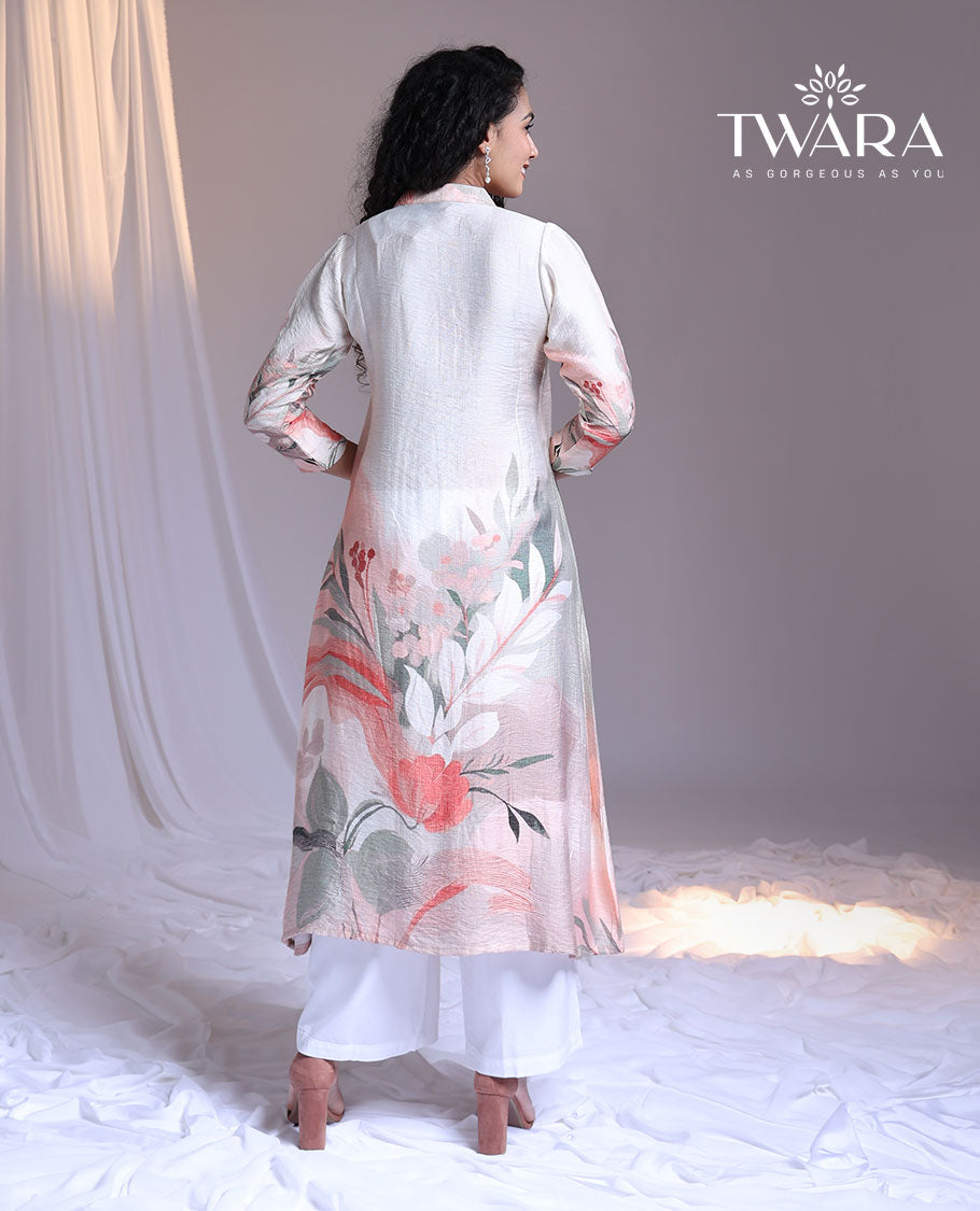 Twara multi-color floral printed Chinese collar 3/4th-sleeve below-knee kurti