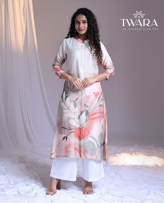 Twara multi-color floral printed Chinese collar 3/4th-sleeve below-knee kurti