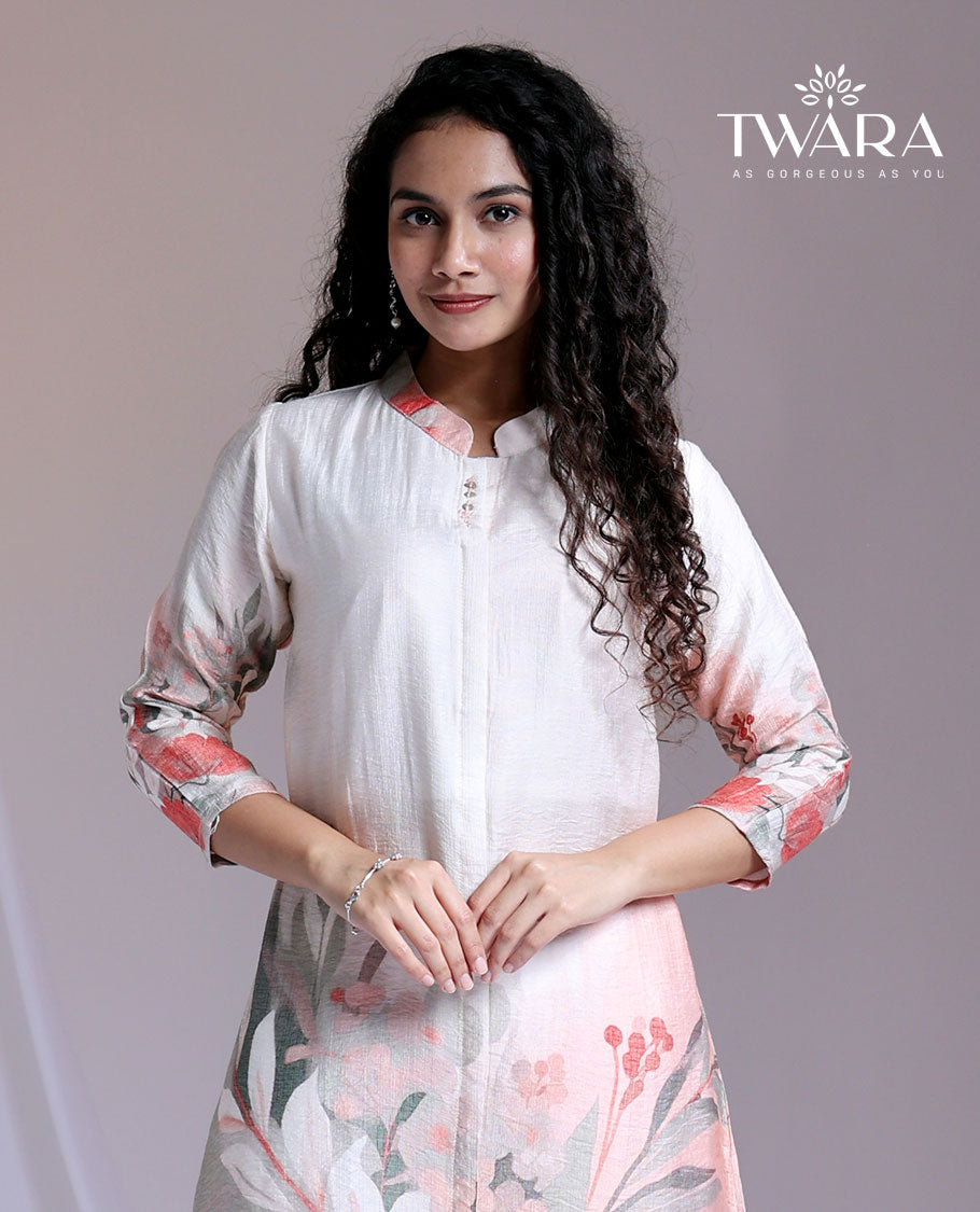 Twara multi-color floral printed Chinese collar 3/4th-sleeve below-knee kurti