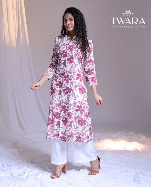 Twara pink floral printed Chinese collar 3/4th-sleeve below-knee kurti