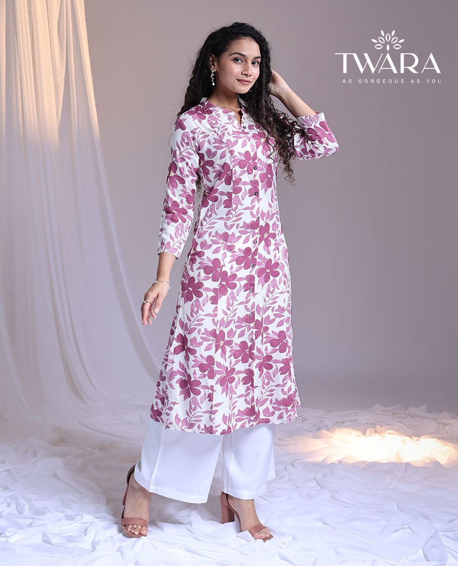 Twara pink floral printed Chinese collar 3/4th-sleeve below-knee kurti