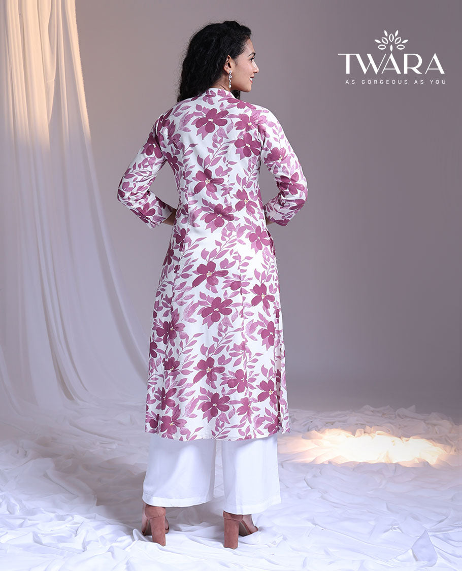 Twara pink floral printed Chinese collar 3/4th-sleeve below-knee kurti