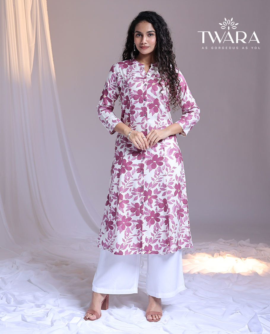 Twara pink floral printed Chinese collar 3/4th-sleeve below-knee kurti