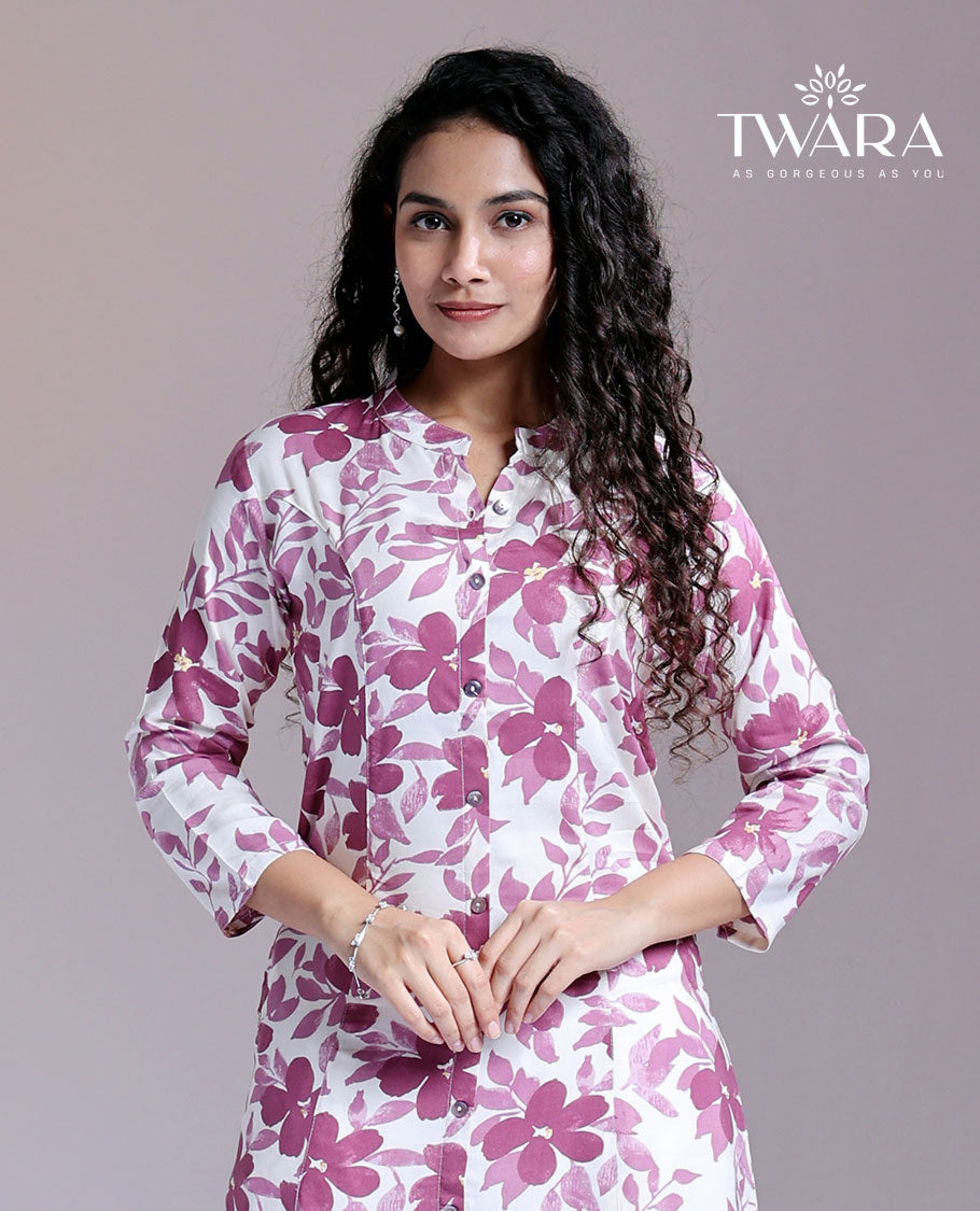 Twara pink floral printed Chinese collar 3/4th-sleeve below-knee kurti