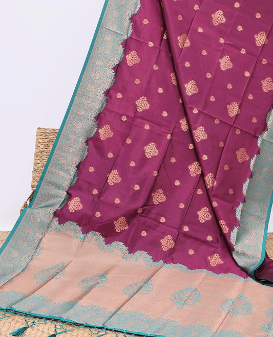 Purple butter silk saree saree with zari buttas, contrast geometric design border & pallu of zari intricate designs