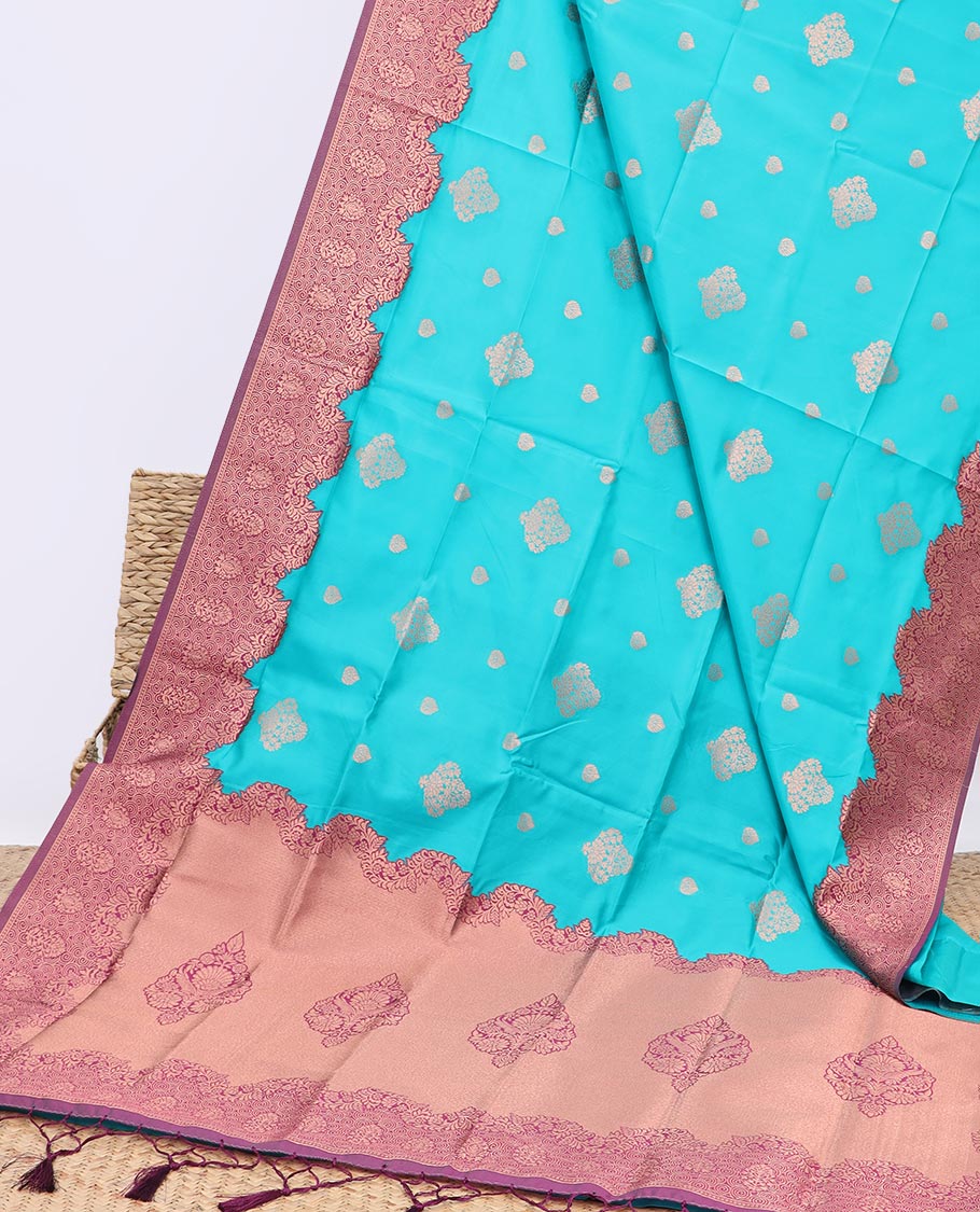 Blue butter silk saree with zari buttas, contrast zari border & pallu of zari intricate designs