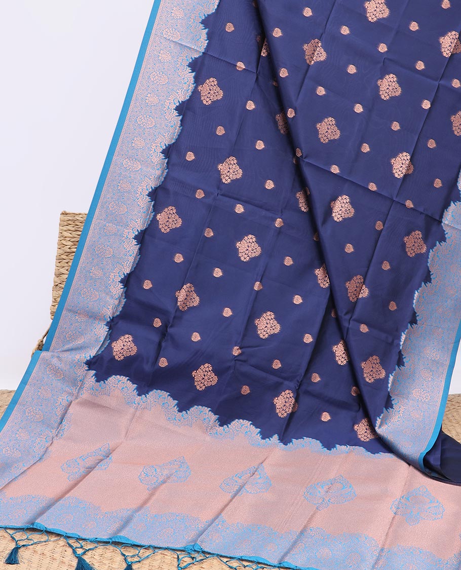 Blue butter silk saree with zari buttas, contrast zari border & pallu of zari intricate designs