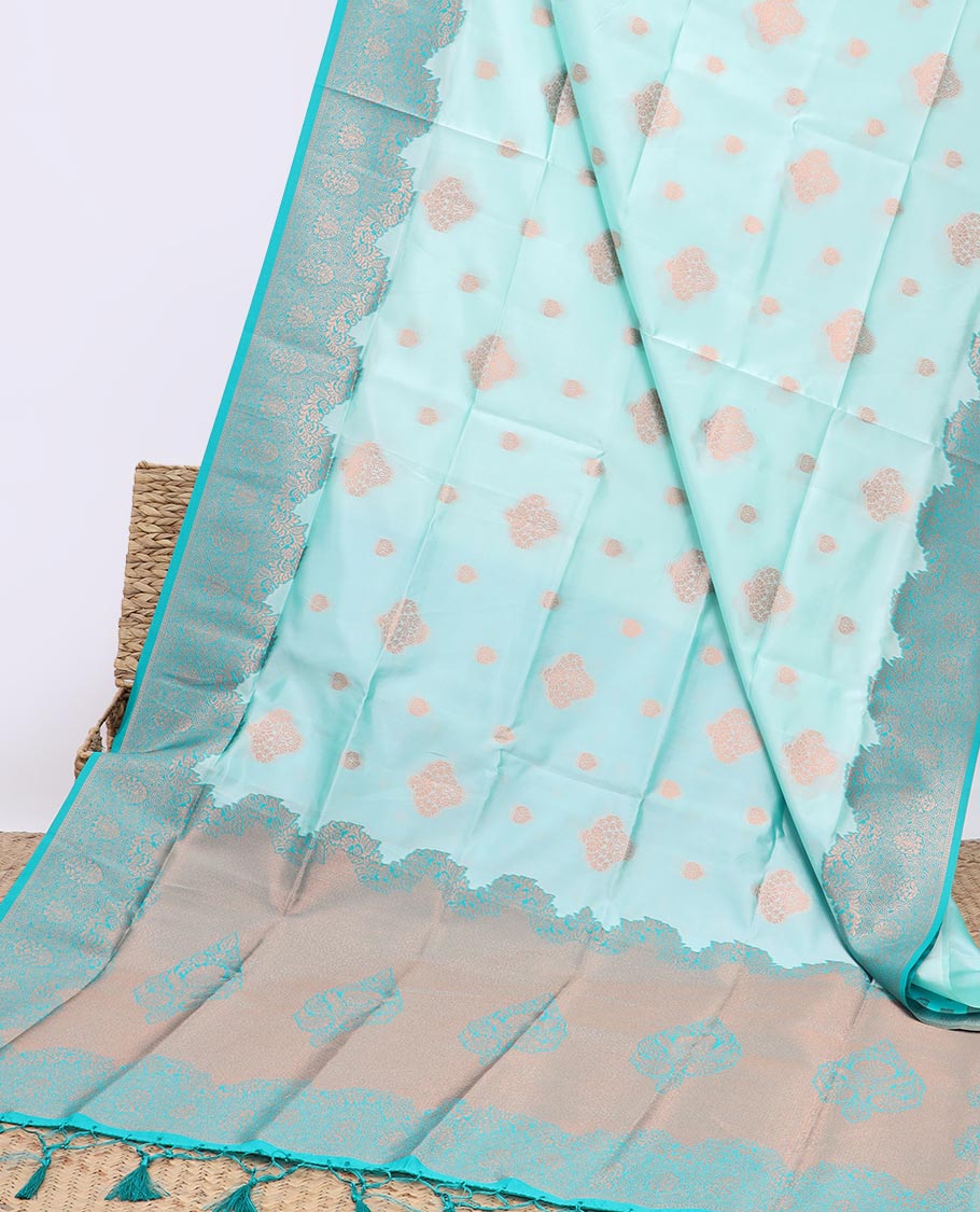 Blue butter silk saree with zari buttas, contrast zari border & pallu of intricate zari designs