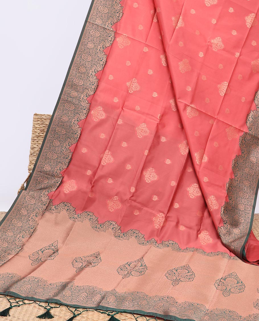 Peach butter silk saree with zari buttas, contrast floral design zari border & pallu of intricate zari designs