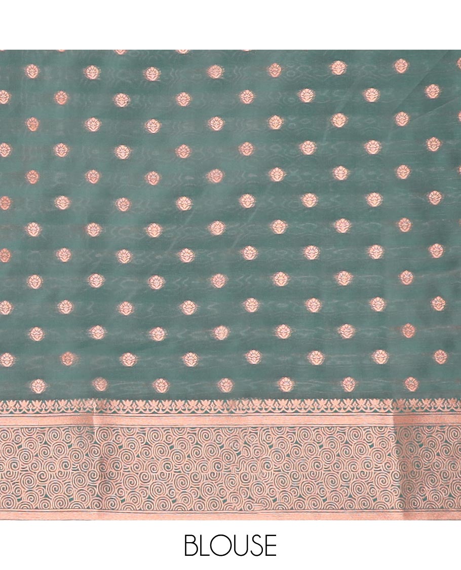 Peach butter silk saree with zari buttas, contrast floral design zari border & pallu of intricate zari designs