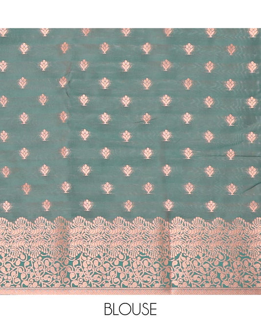 Peach butter silk saree with zari buttas, contrast floral design border & pallu of zari intricate designs