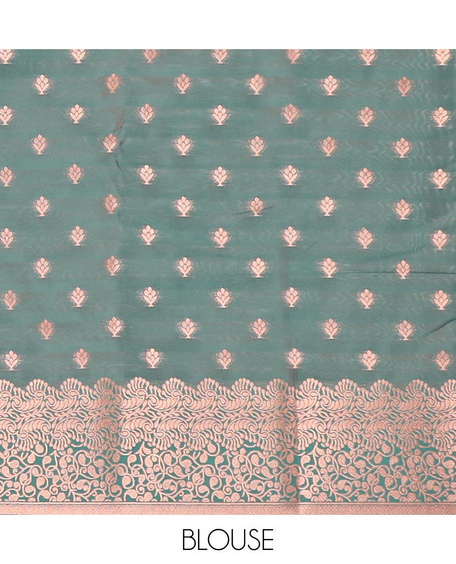 Peach butter silk saree with zari buttas, contrast floral design border & pallu of zari intricate designs
