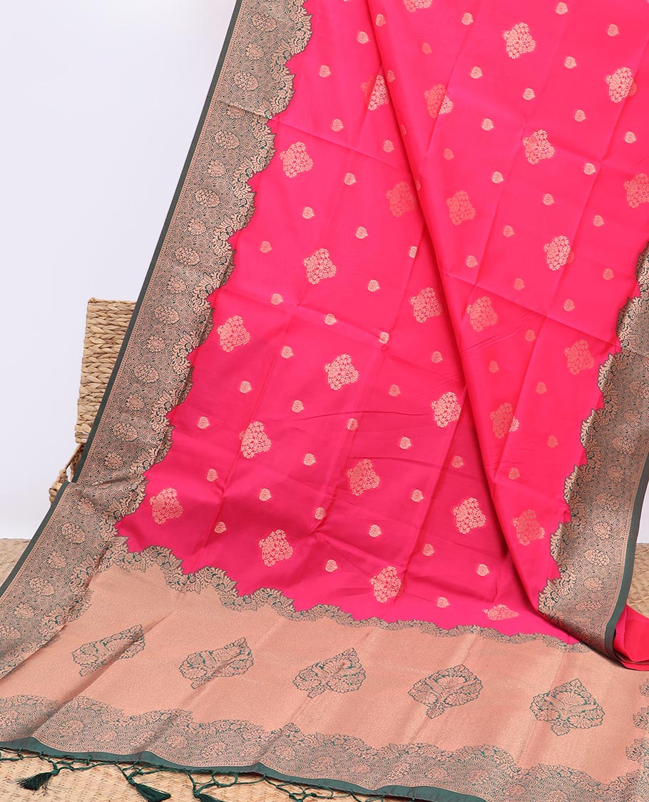 Pink butter silk saree with zari buttas, contrast zari border & pallu of intricate zari designs