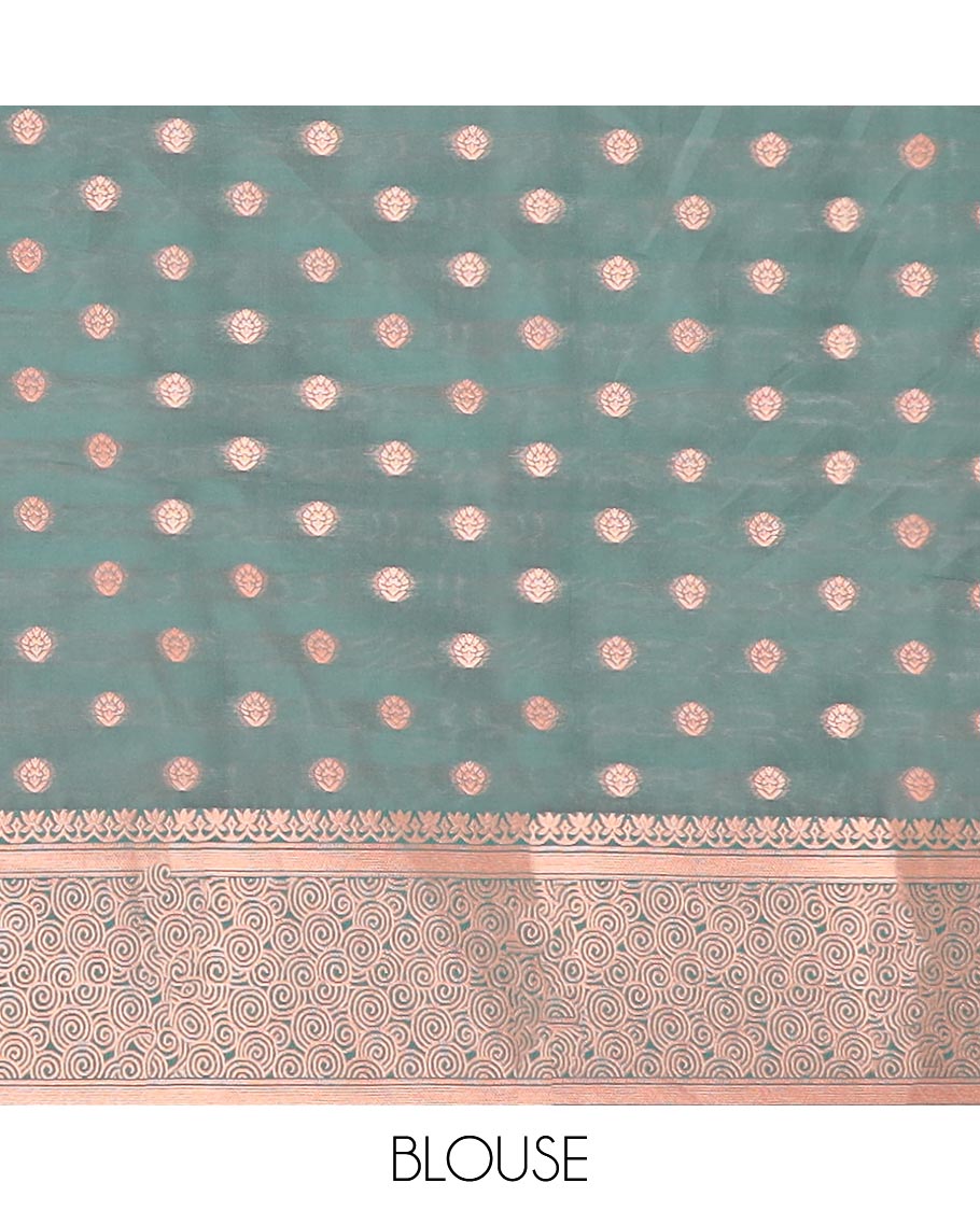 Pink butter silk saree with zari buttas, contrast zari border & pallu of intricate zari designs