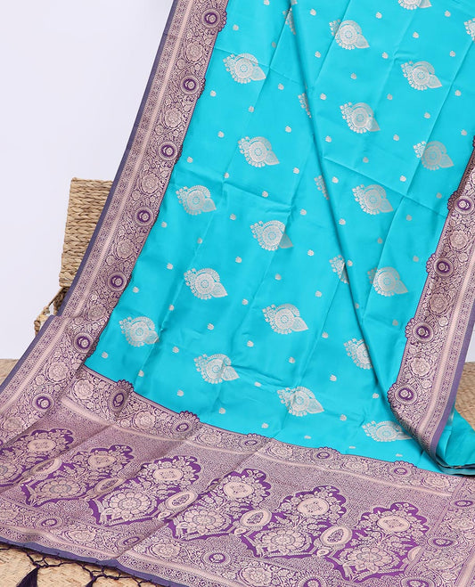 Blue butter silk saree with zari buttas, contrast floral creeper design border & pallu of zari intricate designs